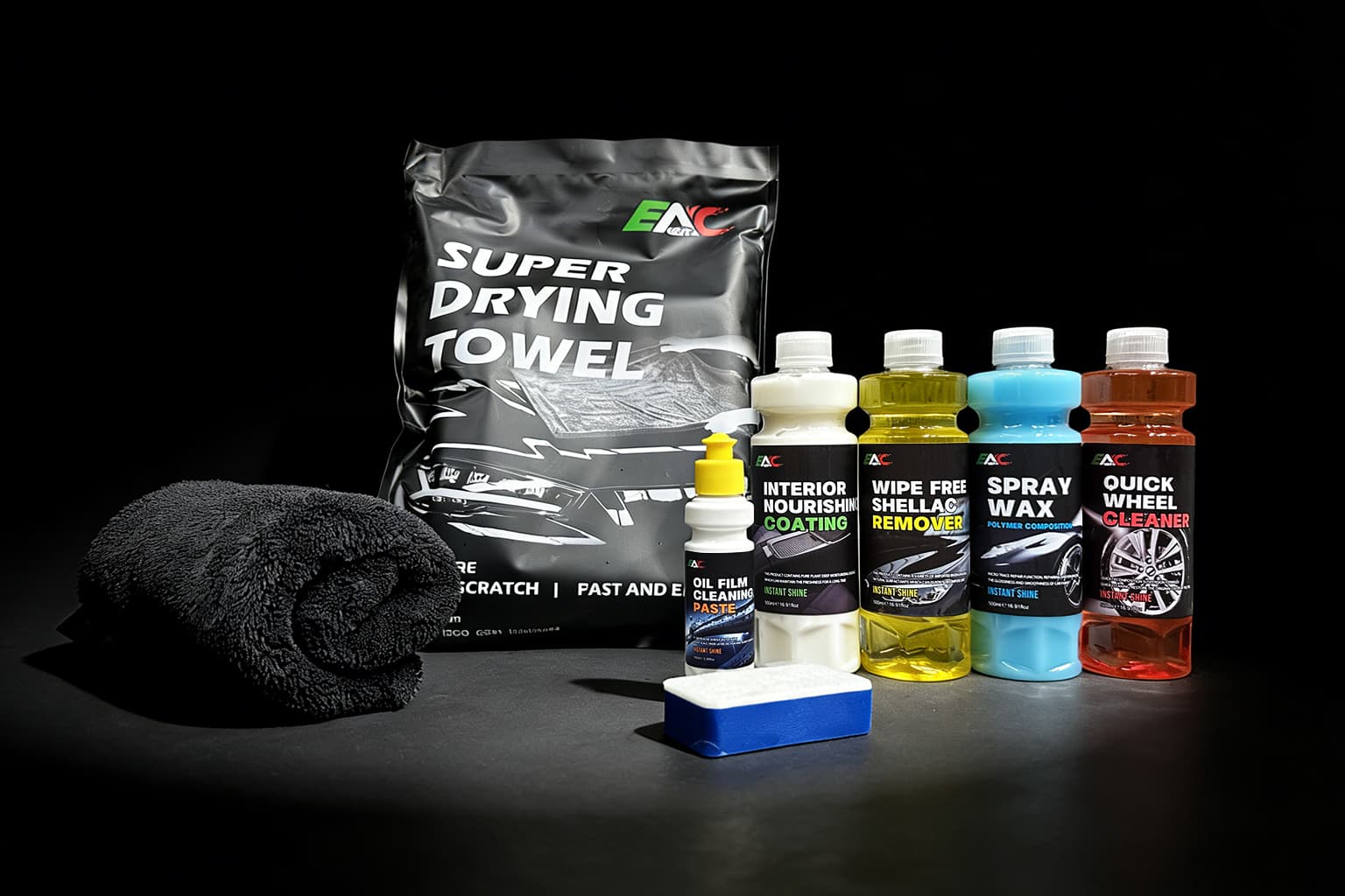 EAC 6-in-1 Car Detailing Kit – Interior Nourishing Coating 500ml + Spray Wax 500ml + Bug & Sap Remover 500ml + Wheel Cleaner 500ml + Glass Oil Film Remover 100ml + 1300GSM Super Drying Towel – Complete Car Care Set for Interior & Exterior Protection, Shine & Deep Cleaning – Exotic Auto Club